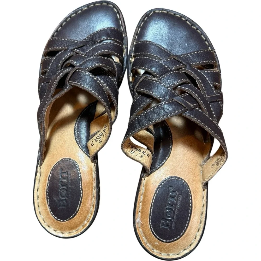 Born Brown Leather‎ Woven Strap Open Toe Slide Sandals - Women's 8 All Day Wear